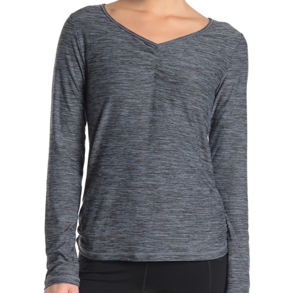 Zella V Neck Ruched Long Sleeve Workout Shirt Gray Blue